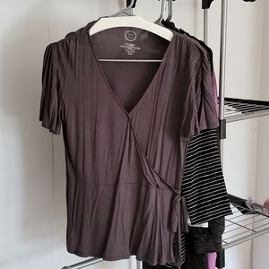Flutter, short sleeve faux wrap shirt.  Dark gray.  Worn 1 time.  Size L